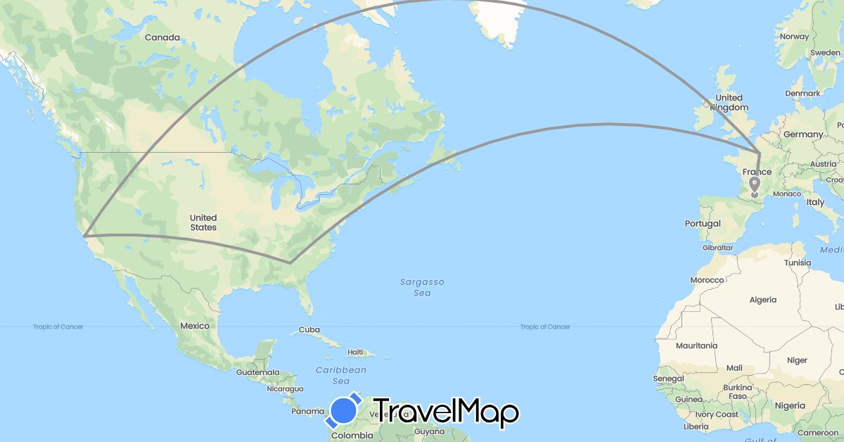 TravelMap itinerary: driving, plane, hiking, boat in France, United States (Europe, North America)